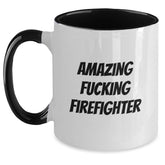 Amazing Funny Firefighter Gifts from Friends for Birthday Two Tone Coffee Mug, Inspirational Quote, 11oz Ceramic, Microwave and Dishwasher Safe, Four Color Options - Main